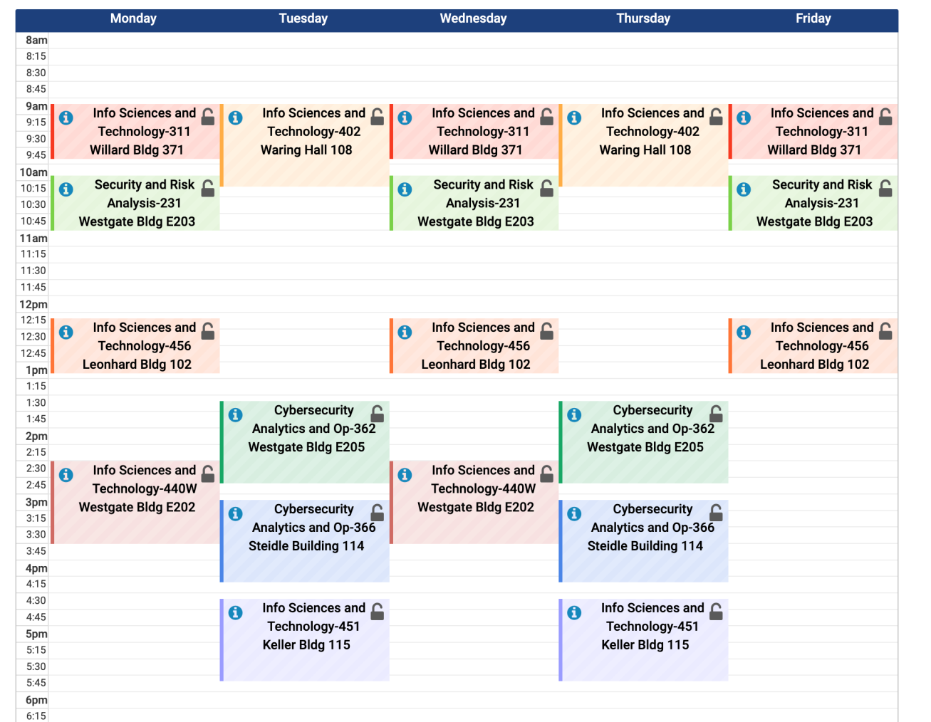My schedule for the 24-credit semester